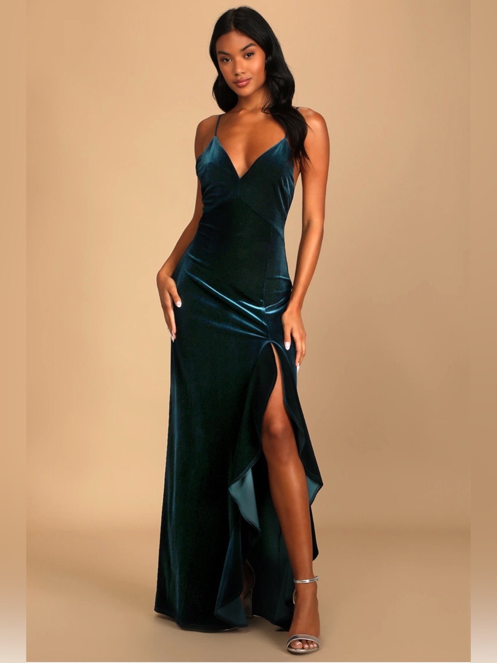 Lulu's You Look Stunning Dark Teal Velvet Ruffle Dress
